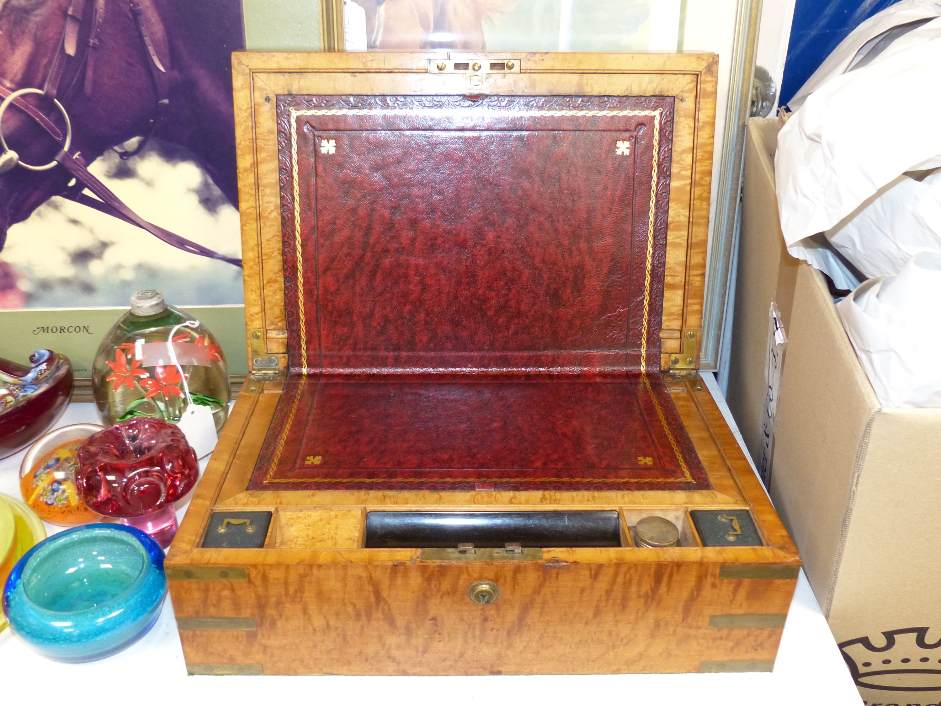 A Victorian bird's eye maple writing slope, 40cm